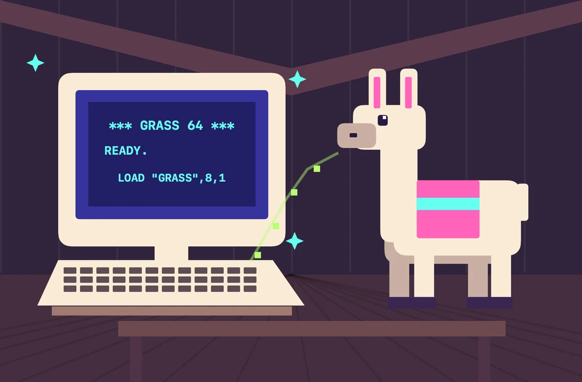 The hungry llama in the barn with an old Commodore 64, from the game’s illustrated opening story