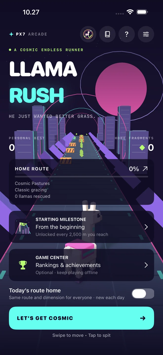 Actual iPhone menu with the llama, cosmic road, home route and Let’s get cosmic button