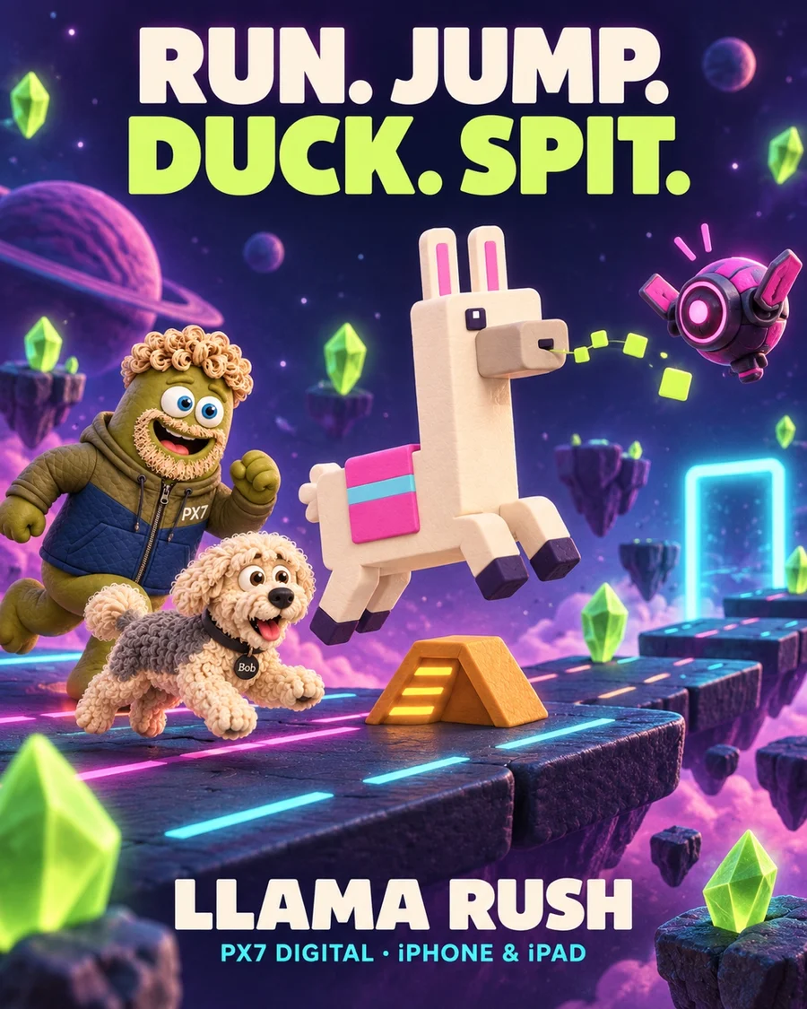 The Llama Rush llama leaps across a neon road with Jørgen and Bob, dodging drones and spitting green energy