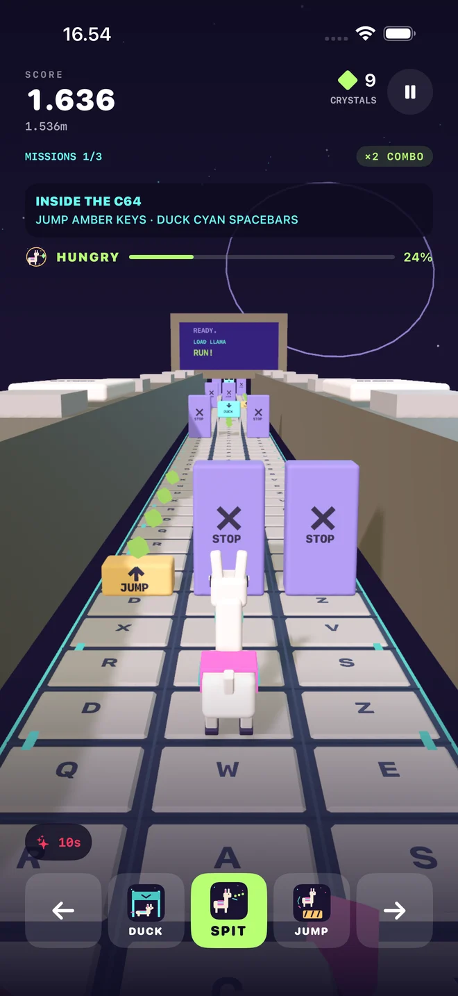 Actual Llama Rush iPhone gameplay in the keyboard world, with three lanes, obstacles and jump, duck and spit buttons