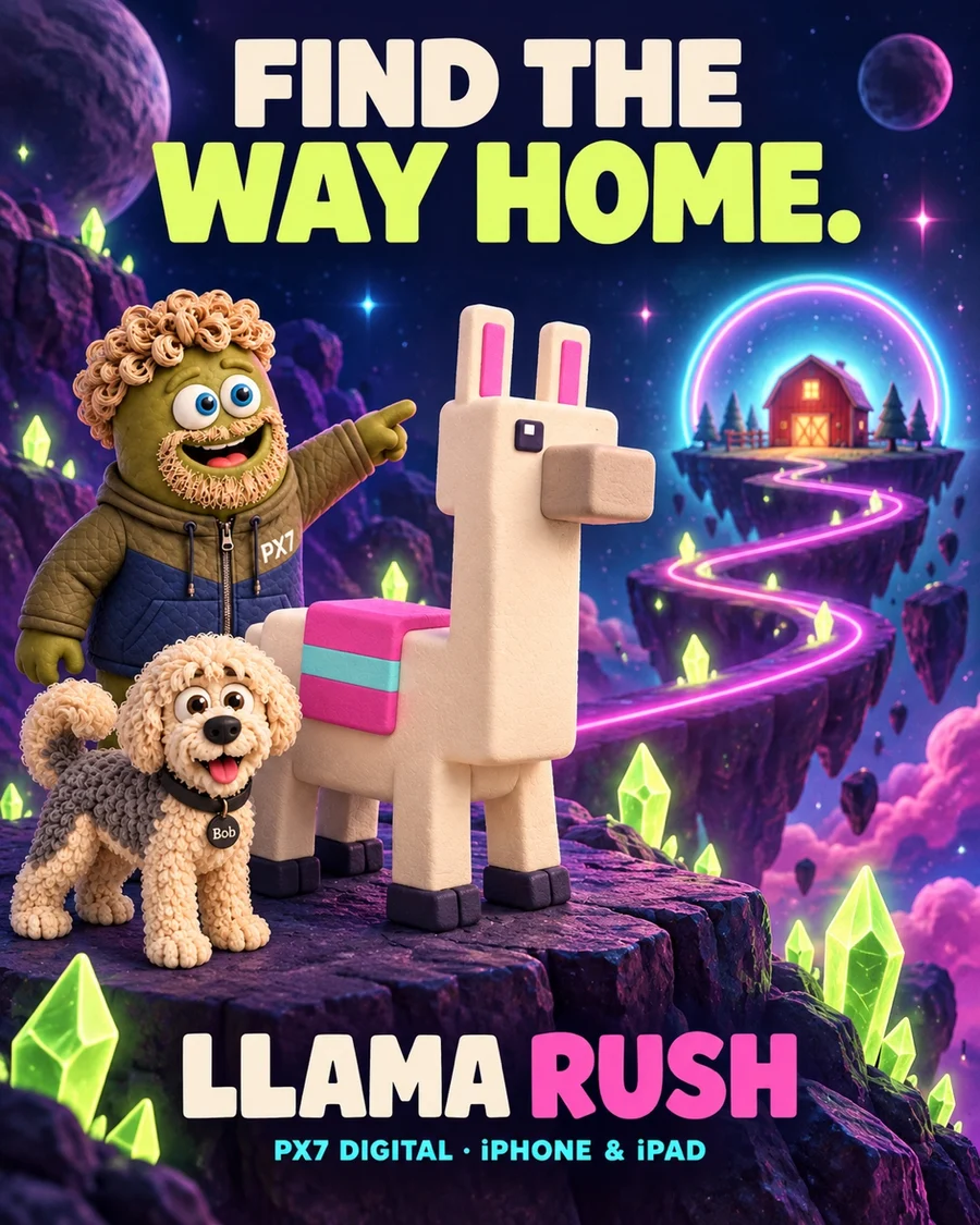 Jørgen, Bob and the Llama Rush llama following a glowing crystal path towards the barn