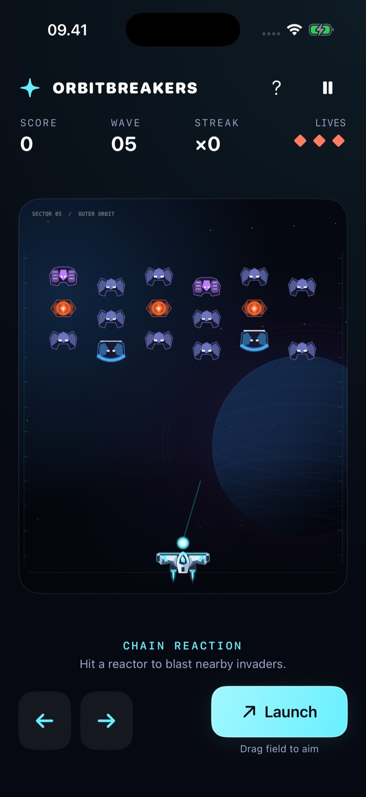 OrbitBreakers on iPhone: a cyan ship faces shields, carriers and explosive reactors
