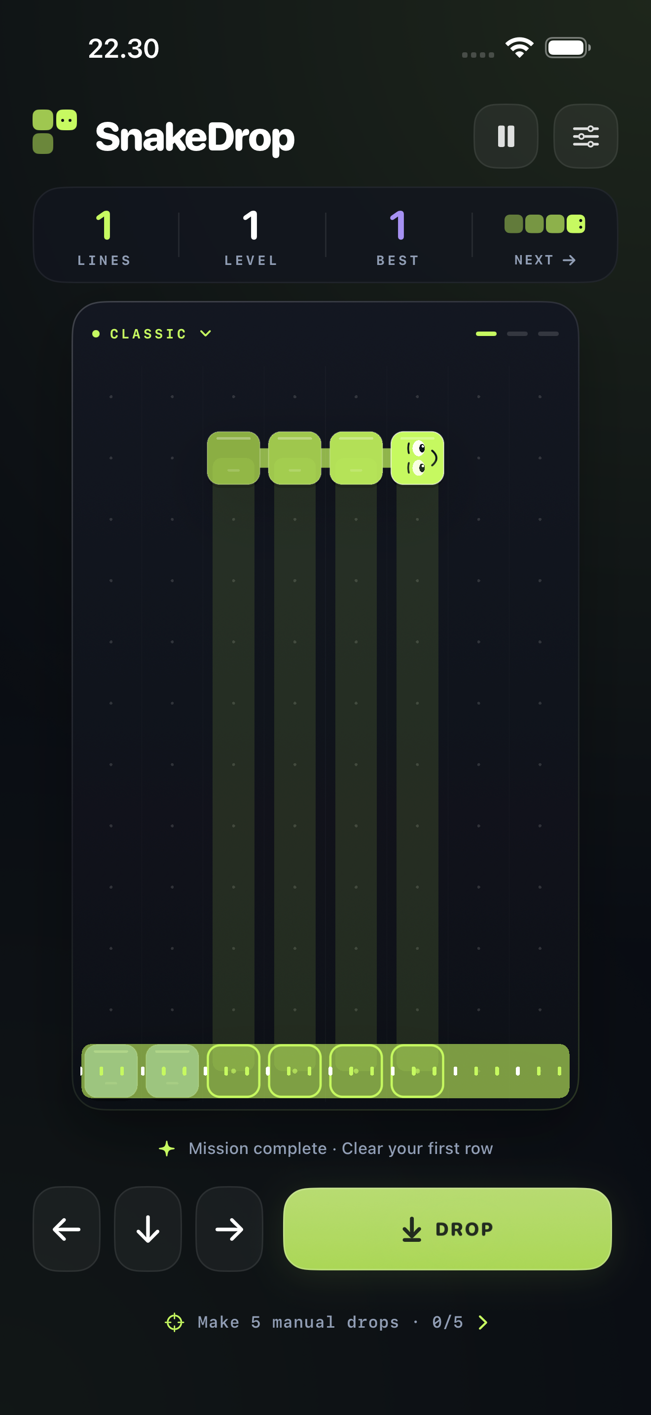 Classic gameplay with the snake, next shape preview and drop controls